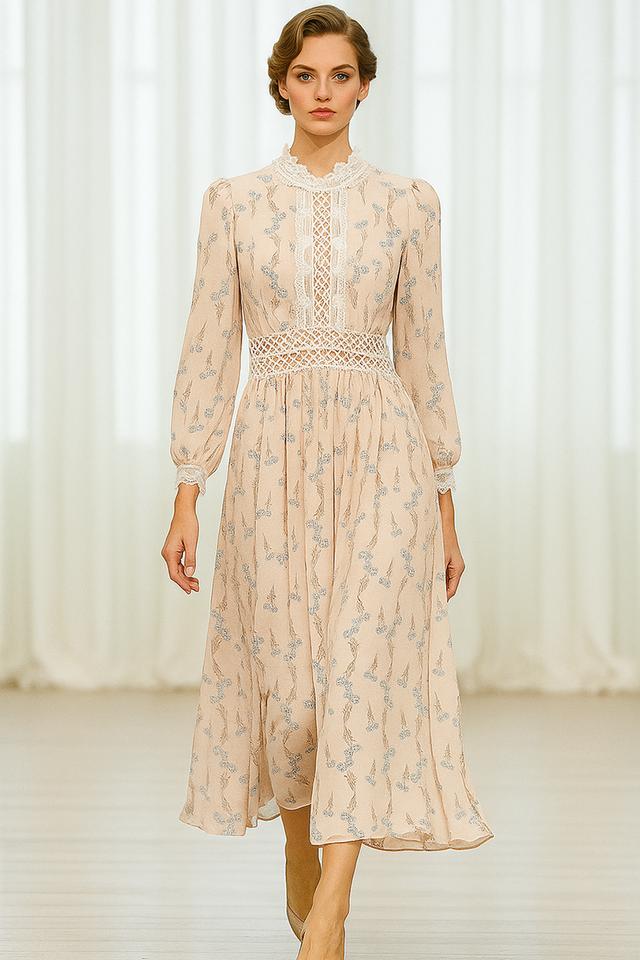 เดรสลูกไม้คอตั้งแขนยาวลายดอกไม้ หรือ Lace Yoke Floral Midi Dress with Long Sleeves @SP044
