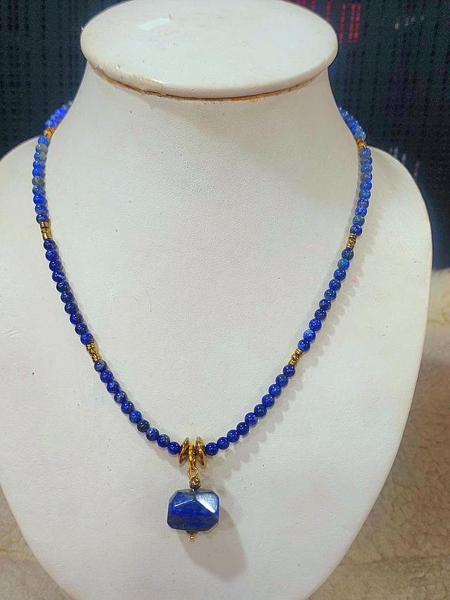 สร้อยคอหินลาพิส ลาซูลี่(Lapis lazuli)เจียรเหลี่ยม ติ่งevil eye ความยาว 19 นิ้ว