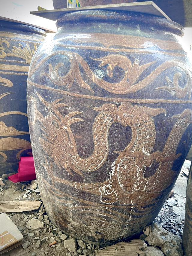 โอ่งไหหลำลายมังกร ใบใหญ่ โอ่งจีนโบราณ โอ่งดินเผาน้ำเคลือบ 5