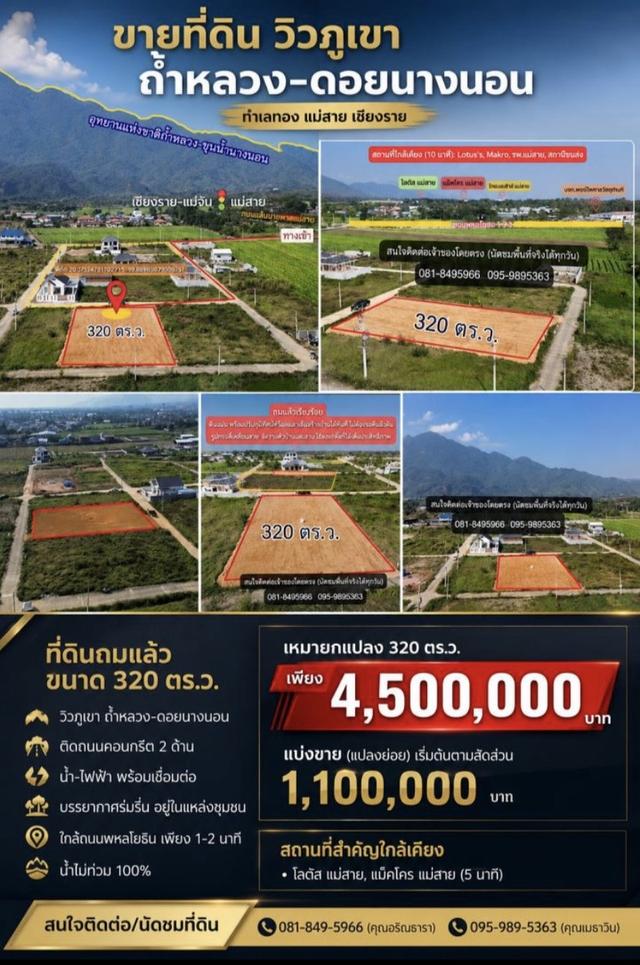 ขายที่ดินถูกมากๆ!! 320 ตารางวา 4,500,000บาท ฟ โอนฟรี บ้านจ้องอำเภอแม่บ้านจ้องอำเภอแม่สายจังหวัดเชียงราย วิวดอยนางนอนทางเข้าออกสะดวกใกล้สถานที่ราชการใก 1