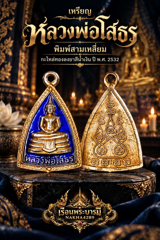 เหรียญหลวงพ่อโสธร พิมพ์สามเหลี่ยม กะไหล่ทองลงยาสีน้ำเงิน ปี 2532