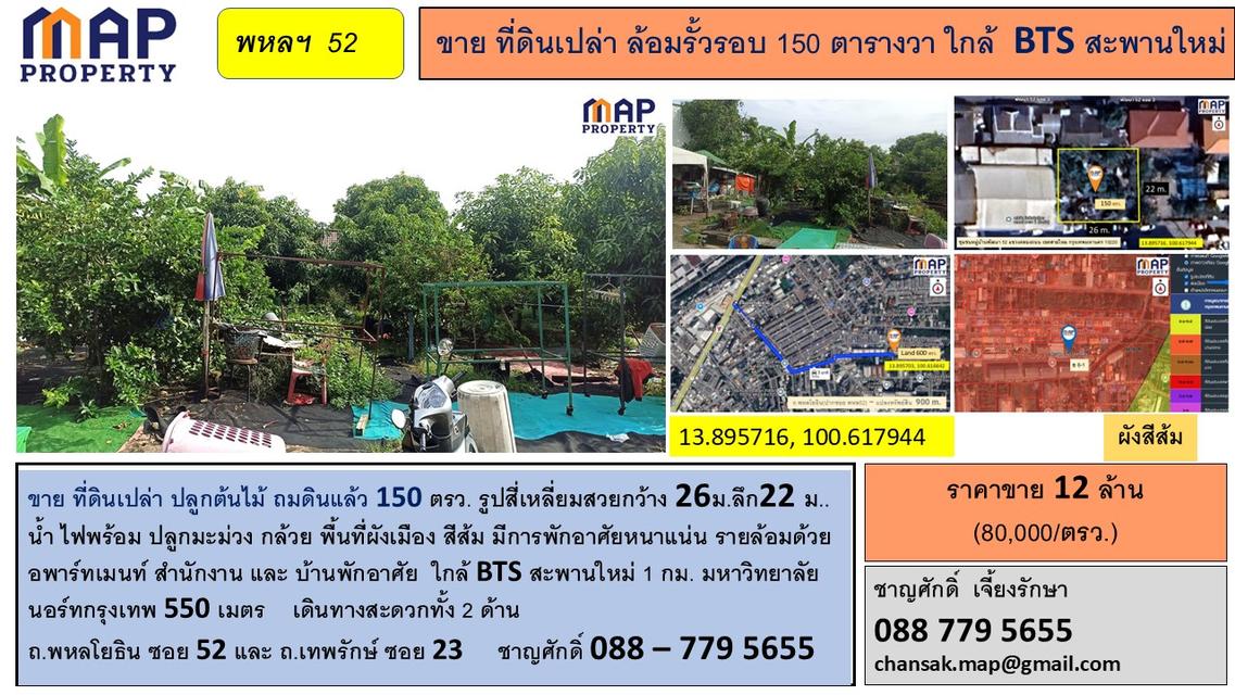 ขายที่ดินเปล่า ล้อมรั้วรอบ 150 ตารางวา ใกล้  BTS สะพานใหม่