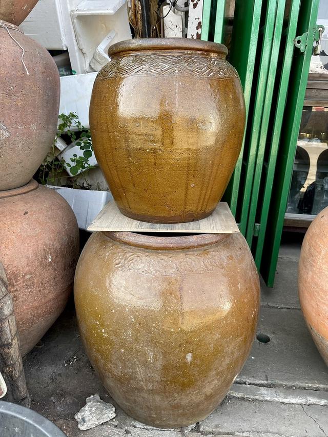 โอ่งสีมันปู ใบใหญ่ ลายดอกไม้ ขนาด70ซม โอ่งน้ำเคลือบสีมันปู สมัยรัชกาลที่5 โอ่งโบราณ