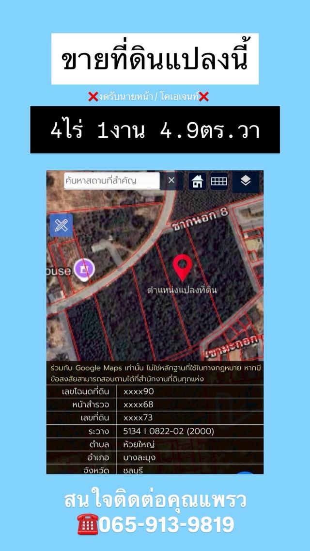 ขายที่ดินทำเลทอง 4 ไร่  ซอย ซากนอก8 ถนนชัยพฤกษ์2 ตำบลห้วยใหญ่ อำเภอบางละมุง จังหวัด ชลบุรี 1