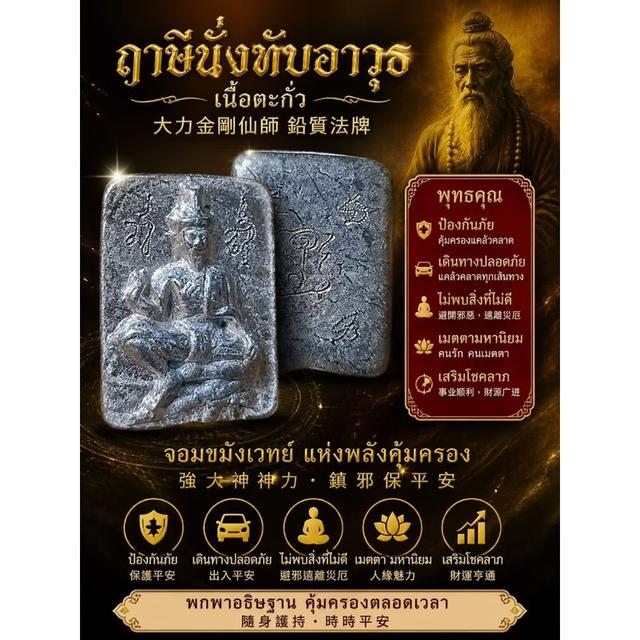 ฤาษีนั่งทับอาวุธ เนื้อตะกั่ว รุ่นพุทธคุณเข้มขลัง พ่อแก่จารหน้าหลัง