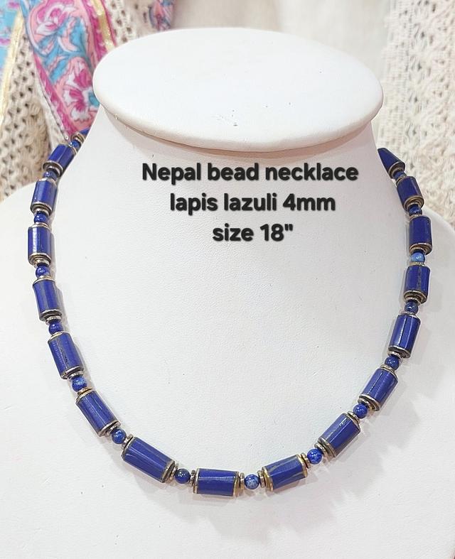 สร้อยคอลูกปัดหินเนปาลคั่นหินแท้Black onyx Garnet Lapis lazuli ความยาว18นิ้ว 6