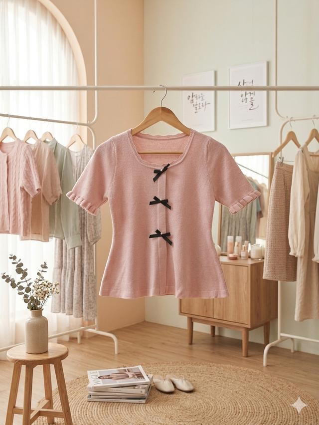 เสื้อแขนสั้นระบายไหมพรมสีชมพู