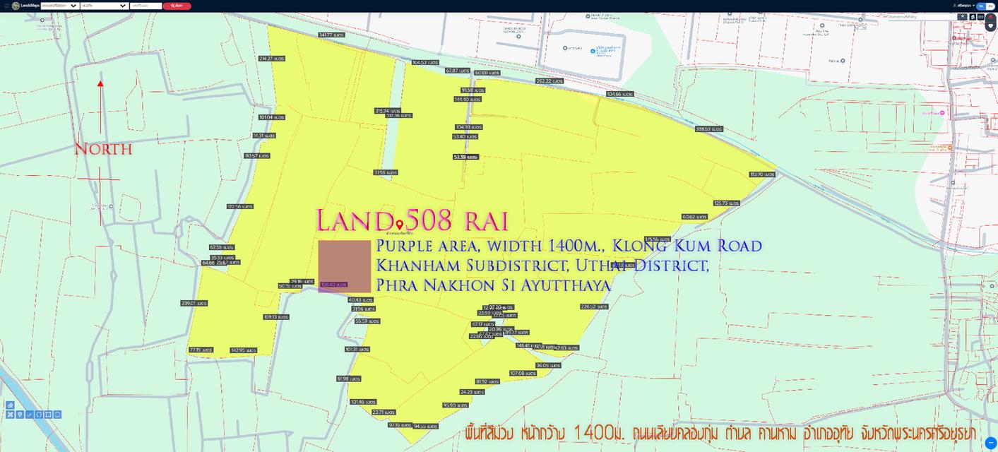 ที่ดิน508ไร่ พื้นที่สีม่วง หน้ากว้าง 1400ม. ถนนเลียบคลองกุ่ม ตำบล คานหาม อำเภออุทัย จังหวัดพระนครศรีอยุธยา   1