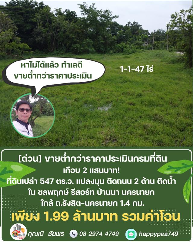 ขายที่ดิน 547 ตร.ว. บ้านนา นครนายก แปลงมุม ติดถนน ติดคลอง ต่ำกว่าราคาประเมิน ในชลพฤกษ์รีสอร์ท 19