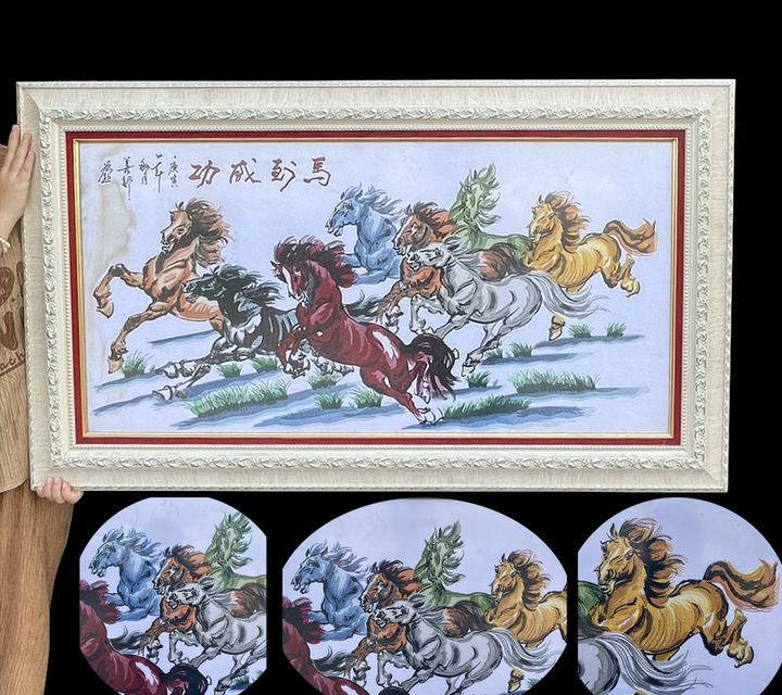 ศิลปะงานปักผ้าด้วยมือ ลายม้า8ตัว งานปักบนผืนผ้า งานศิลปะลายม้า 6