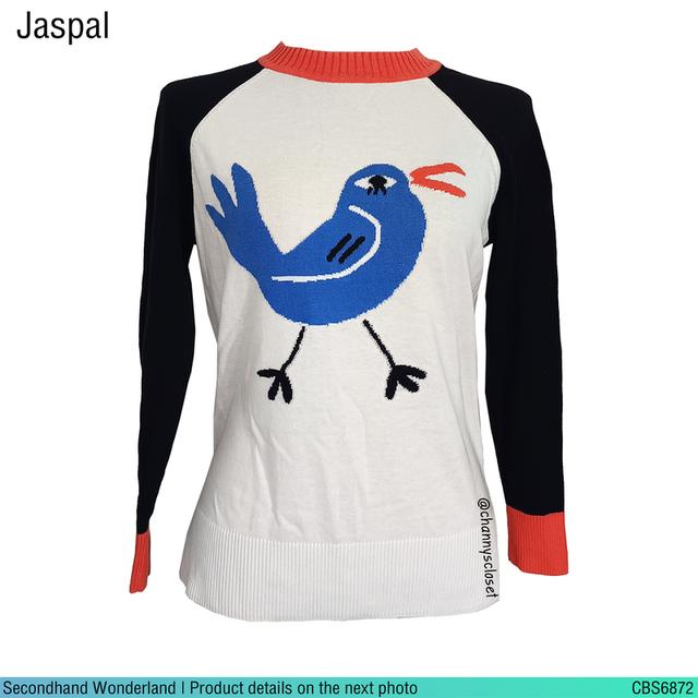 USED Jaspal - Knitted White Bird Raglan Top | เสื้อแขนยาวสีขาว สีน้ำเงิน ลายกราฟิก ลายนก ไหมพรม y2k ทรงใหญ่ แท้ มือสอง