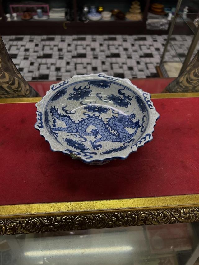 จานเชิงกระเบื้องลายคราม ลายมังกร 3