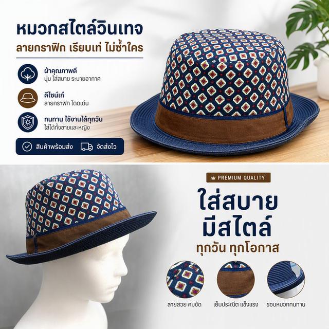 หมวก Trilby Hat ZARA MAN แท้ มือสองสภาพดี ลาย Geometric สีกรมท่า รูปที่ 10