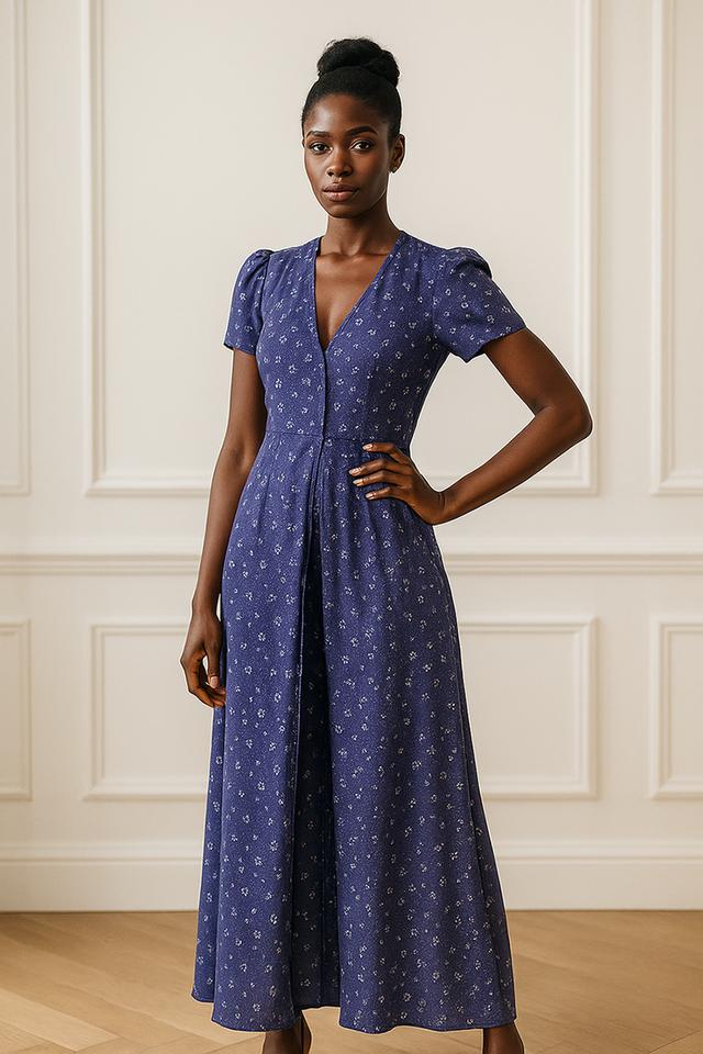 เดรสยาวคอวีลายดอกไม้สีนํ้าเงินเข้ม (Navy Floral V-Neck Maxi Dress)@SP045 2