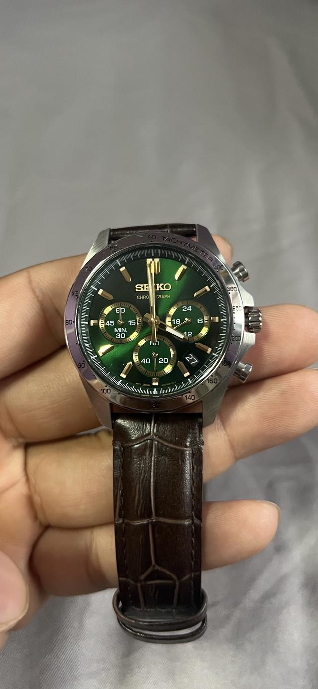   ”Seiko Spirit Quartz Daytona Chronograph Tachymeter Green“Made in japan รุ่น”SBTR017”เขียวทอง สายหนังน้ำตาล  2