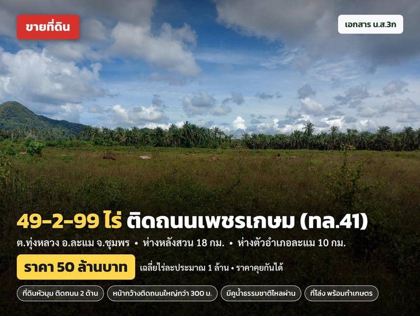 ขายที่ดิน 49-2-99 ไร่ ติดถนนเพชรเกษม (ทล.41) ที่ดินหัวมุม ติดถนน 2 ด้าน ละแม ชุมพร ราคา 50 ล้าน 1