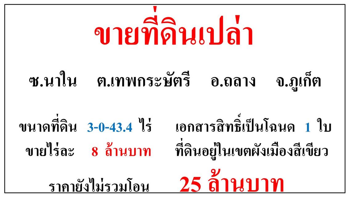 ขายที่ดินเปล่า ขนาด 3-0-43.4 ไร่  ซ.นาใน  ต.เทพกระษัตรี  อ.ถลาง  ภูเก็ต 1