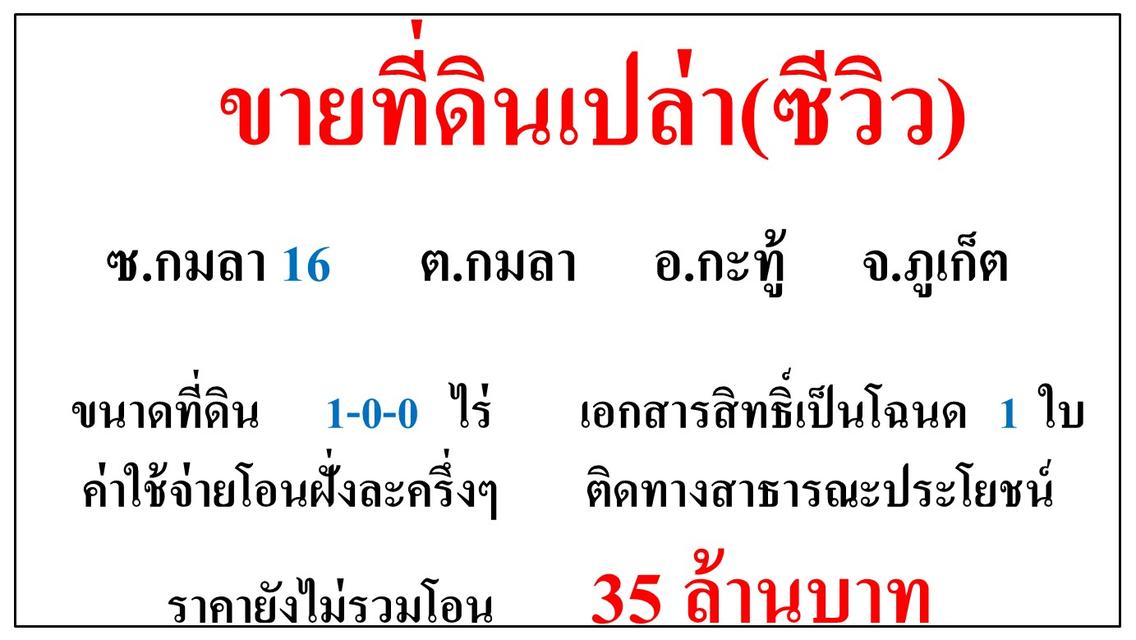 ขายที่ดินเปล่า(ซีวิว) ขนาด 1-0-0 ไร่  ซ.กมลา 16  ต.กมลา  อ.กะทู้  ภูเก็ต 1