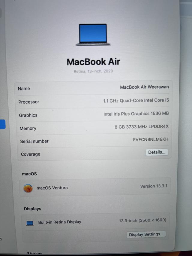 ขาย MACBOOK Air 13" 2020 i5 RAM8/SSD512GB สภาพใหม่ 99%