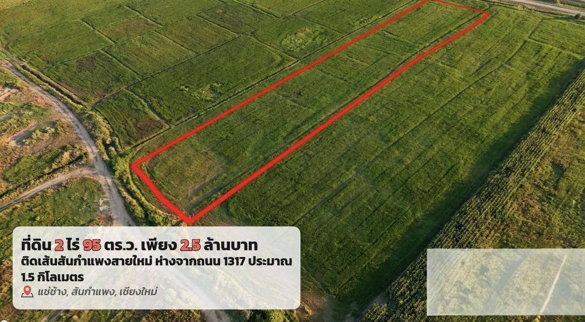 Urgent Sale!!! 2 rai 95 Sq.w. 2,500,000 THB. Land for sale on the new San Kamphaeng Road 1317, Chiang Mai, only 1.5 km away. 1