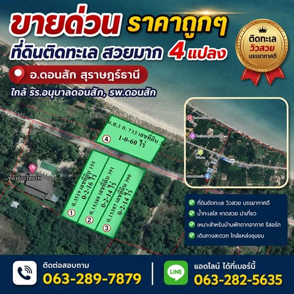 ขายด่วน ราคาถูกๆ ที่ดินติดทะเล สวยมาก 4 แปลง อ.ดอนสัก สุราษฎร์ธานี ใกล้ รร.อนุบาลดอนสัก, รพ.ดอนสัก โทร 0632897879 1
