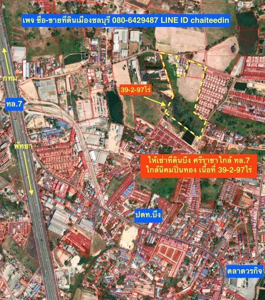 ขายที่ดิน บึง ศรีราชา 39.5ไร่ หรือ ให้เช่าระยะยาวที่ดินตำบลบึง ที่ดินติดถนน 3ด้านเนื้อที่รวม 39-2-97ไร่ ใกล้ตลาดวรกิจใกล้คู่ขนานมอเตอร์เวย์ ทำเลดี 7