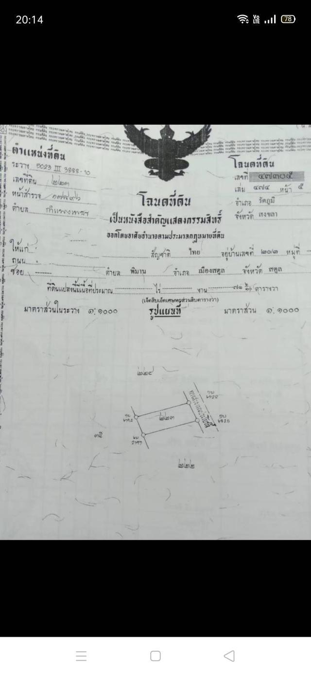 ขายที่ดิน 3 แปลงติดกัน เนื้อที่ 8 ห้อง ที่อยู่ ต.กำแพงเพชร อ.รัตภูมิ จ.สงขลา ราคา ยกแปลง 1.3 ล้านบาท