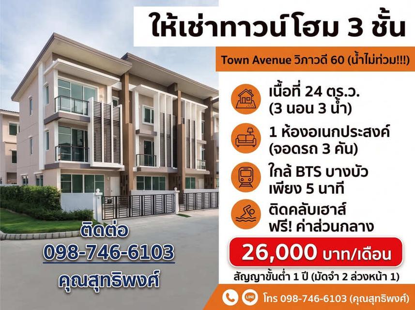 ให้เช่าด่วน! ทาวน์โฮม 3 ชั้น รีโนเวทใหม่ Town Avenue วิภาวดี 60 (หมู่บ้านนี้น้ำไม่ท่วม!) 1