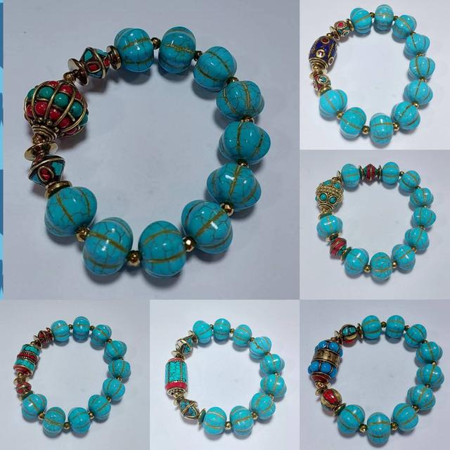ข้อมือหิน Turquoise stone 16mm ลูกปัดเนปาล ยาว 18 cm.