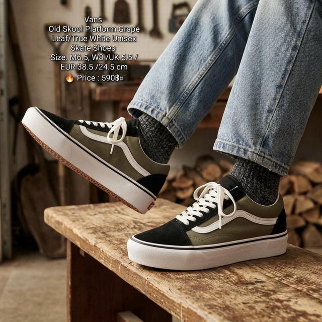 Vans Old Skool Platform Grape Leaf/True White Unisex Skate Shoes Size. M6.5, W8 /UK 5.5 /EUR 38.5 /24.5 cm🔥 Price : 590฿ะ