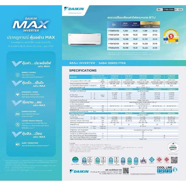 แอร์ DAIKIN MAX INVERTER SABAI SERIES🍊รุ่นFTKBรุ่นประหยัดไฟ 18000BTU ซื้อมา20,299 มีใบเสร็จคู่มือให้ ติดตั้งใหม่เมื่อ 25 ต.ค. 68 ย้ายบ้านเลยขายค่ะ รูปที่ 13