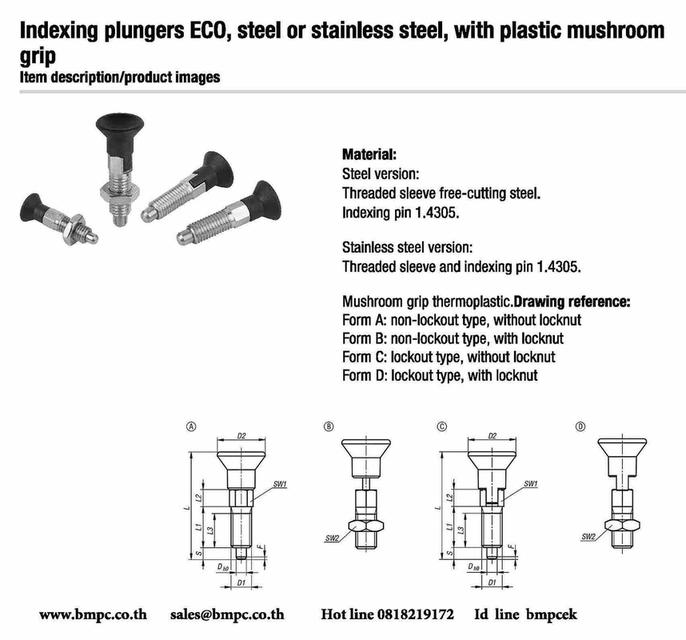 Locking bolt standard pitch, Index plunger, Plunger with pin, สลักล๊อกตำแหน่ง