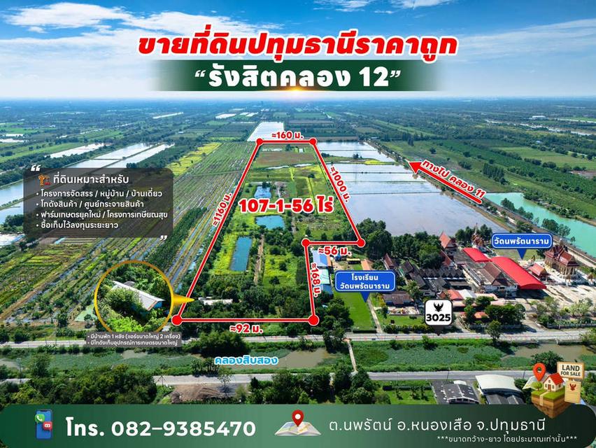 ขายที่ดินปทุมธานี รังสิตคลอง 12 ตำบลนพรัตน์ อำเภอหนองเสือ ติดถนน 100 เมตร ใกล้โรงเรียนวัดนพรัตนาราม 1