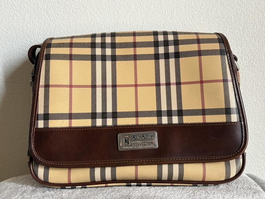 กระเป๋าสะพายไหล่มือสอง Sunstar หนังแคนวาสลายตารางสีน้ำตาล