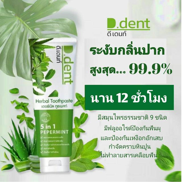 ยาสีฟันดีเด้นท์ ดี.เด้นท์(D.dent) 5 in1 ยาสีฟันสมุนไพรแท้ 100 กรัม ฟันขาวสะอาดลมหายใจสดชื่น 1 แถม 1 1