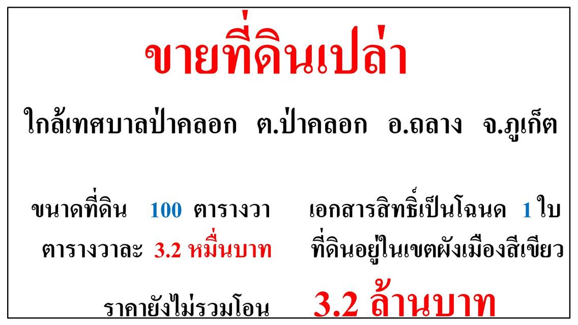 ขายที่ดินเปล่า ขนาด 100 ตารางวา **ใกล้เทศบาลป่าคลอก** อ..ถลาง ภูเก็ต (ตรว.3.2หมื่นบาาท) 2