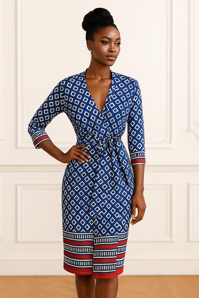 เดรสพันหน้าพิมพ์ลายกราฟิกสีนํ้าเงิน (Blue Geometric Print Wrap Dress)@SP031