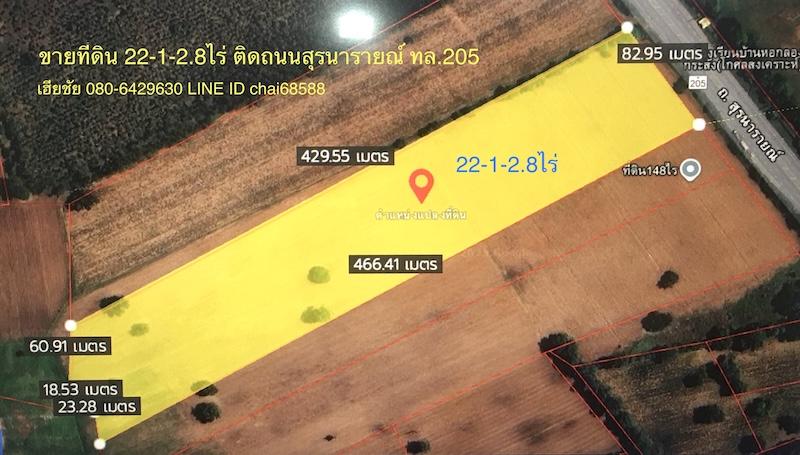 ขายที่ดินติดถนนสุรนารายณ์ (205)เนื้อที่ 22ไร่ 1งาน ด่านจาก โนนไทย โคราช ที่ดินห่างจากตัวเมืองโคราช 11 กม. หน้ากว้าง 82เมตร ลึก 430เมตร 5