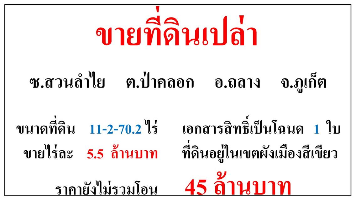 ขายที่ดินเปล่า ขนาด 11-2-70.2 ไร่  ซ.สวนลำไย  ต.ป่าคลอก  อ.ถลาง  ภูเก็ต 1