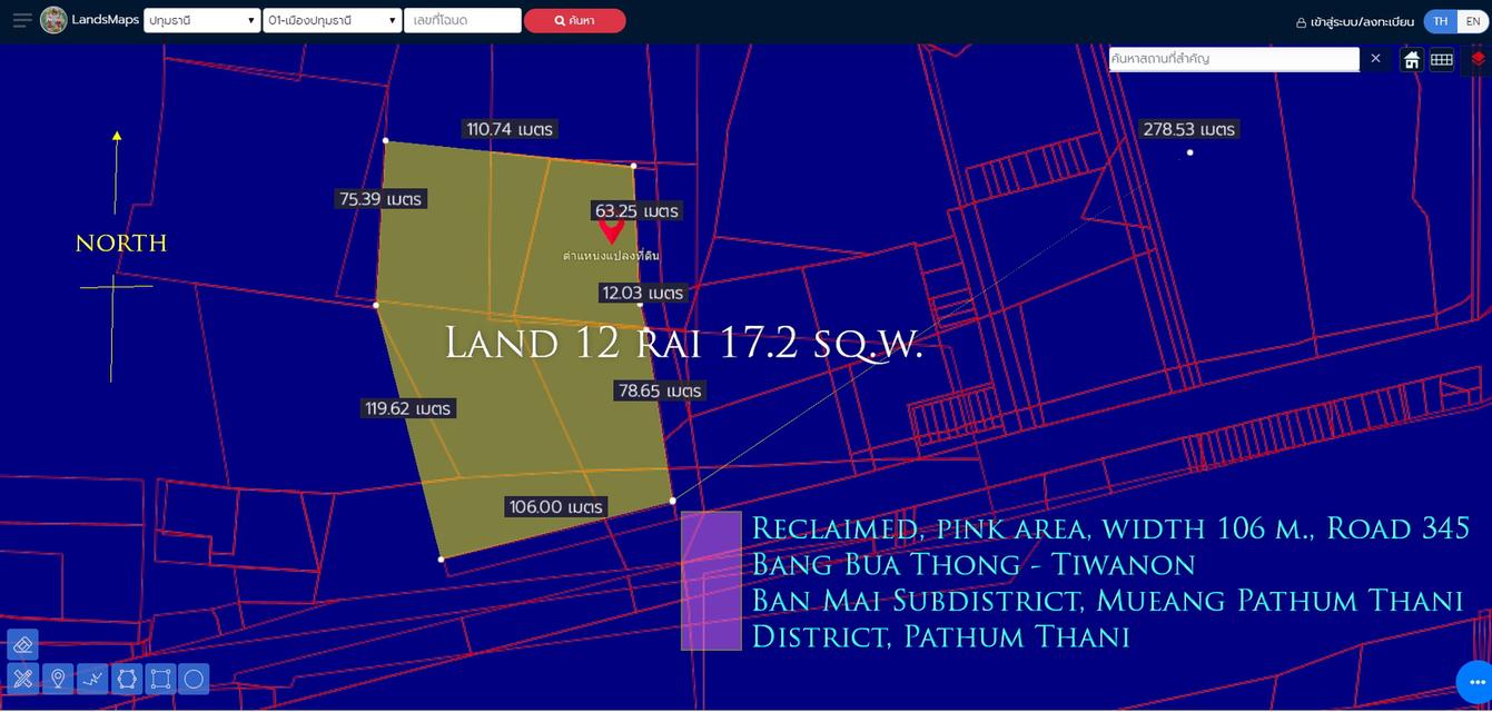 ที่ดิน12ไร่  ถมแล้ว พื้นที่สีชมพู หน้ากว้าง 106ม. ถนน345 บางบัวทอง- ติวานนท์ ตำบล บ้านใหม่ อำเภอเมืองปทุมธานี ปทุมธานี   5