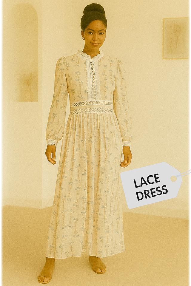 เดรสลูกไม้คอตั้งแขนยาวลายดอกไม้ หรือ Lace Yoke Floral Midi Dress with Long Sleeves @SP044