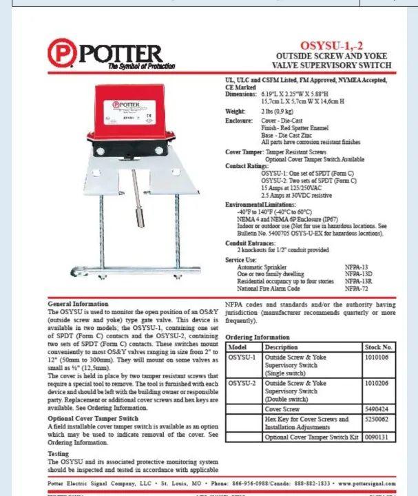 จำหน่ายสวิทซ์ควบคุมน้ำต่างๆ Potter VS-SP Waterflow โฟลว์สวิทซ์ POTTER ELECTRIC VSR,Outside Screw Yoke Valve Switch รุ่น OSYSU-1,OSYSU-2 ยี่ห้อ POTTER