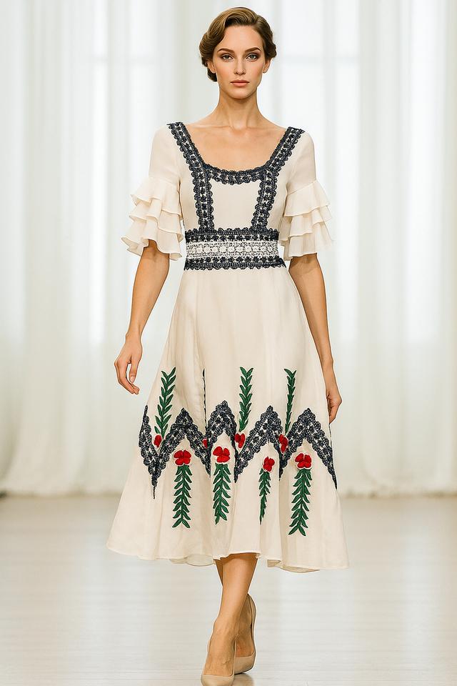 เดรส Cottagecore ลูกไม้ขาวปักลาย White Embroidered Cottagecore Dress with Lace @SP048 3