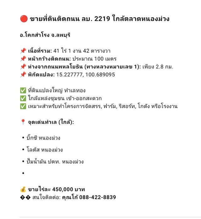 📣 ขายที่ดินเปล่า 41 ไร่ 1 งาน 42 ตารางวา 📍 ติดถนน ลบ.2219 ใกล้ตลาดหนองม่วง อ.โคกสำโรง จ.ลพบุรี 1