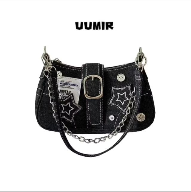 UUMIR  กระเป๋าถือ กระเป๋าสะพายไหล่ ผ้ายีน ลายดาว ผ้าแคนวาส Y2K สายโซ่ ขนาดเล็ก 