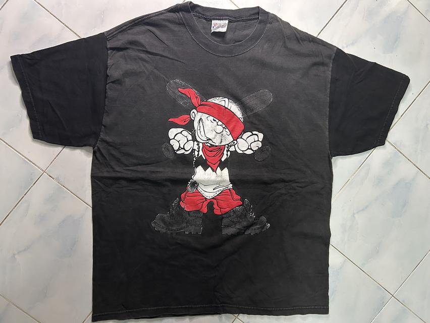[วินเทจ 90s-Y2K] เสื้อยืดสตรีทลายการ์ตูนแก๊งสเตอร์ถือไม้เบสบอล บอดี้เสื้อต่อแขนดำ-เทาเฟดโคตรสวย!