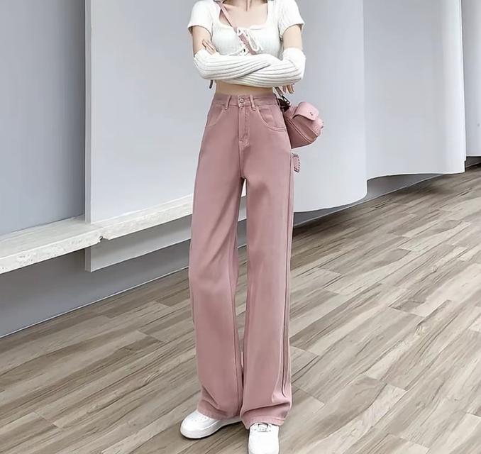 กางเกงยีนส์เอวสูงสีชมพู รูปที่ 3