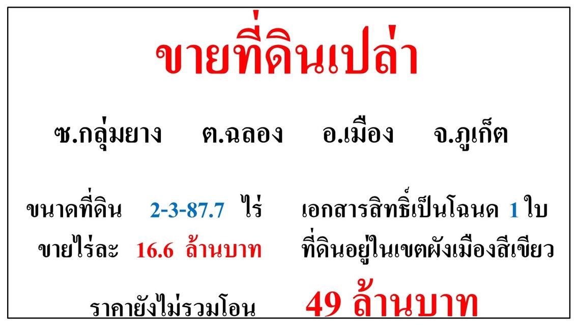 ขายที่ดินเปล่า ขนาด 2-3-87.7 ไร่  ซ.กลุ่มยาง  ต.ฉลอง  อ.เมือง  ภูเก็ต