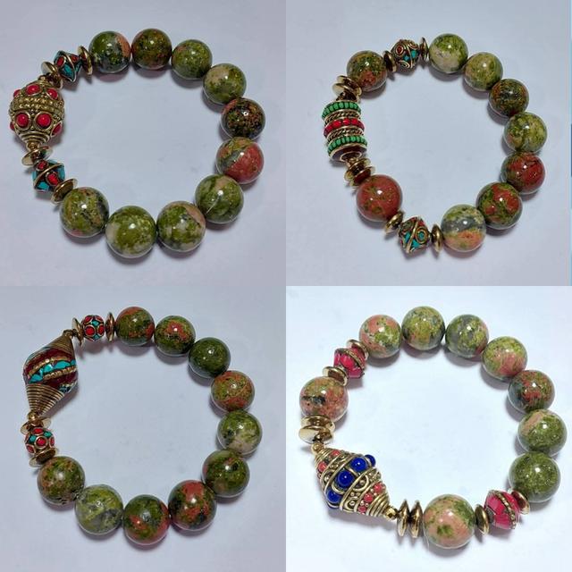ข้อมือหิน Unakite 14 mm ลูกปัดเนปาล ยาว 18 cm.