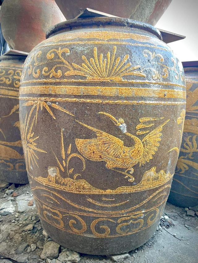 โอ่งเซี่ยงไฮ้ ลายนกกระยาง โอ่งจีนโบราณ โอ่งดินเผาน้ำเคลือบ 2